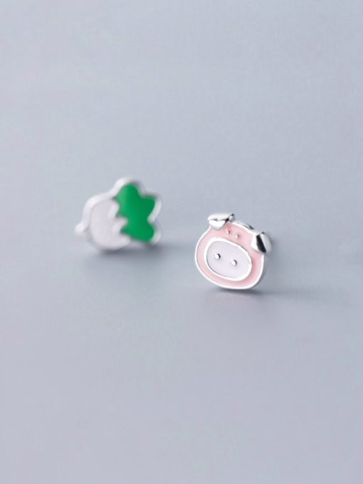 Rosh 925 Sterling Silver With Silver Plated Personality Cabbage Pig Asymmetry Stud Earrings 0