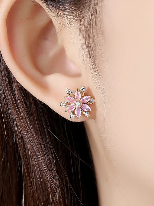 BLING SU Copper With Gold Plated Cute Flower Stud Earrings 1