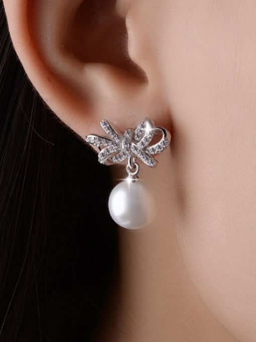 Rosh Fashion Shiny Zirconias Bbowknot Imitation Pearl Stud Earrings 1