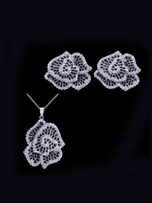 Black Two Pieces Jewelry Flowers-shape Micro Pave Zircons Set