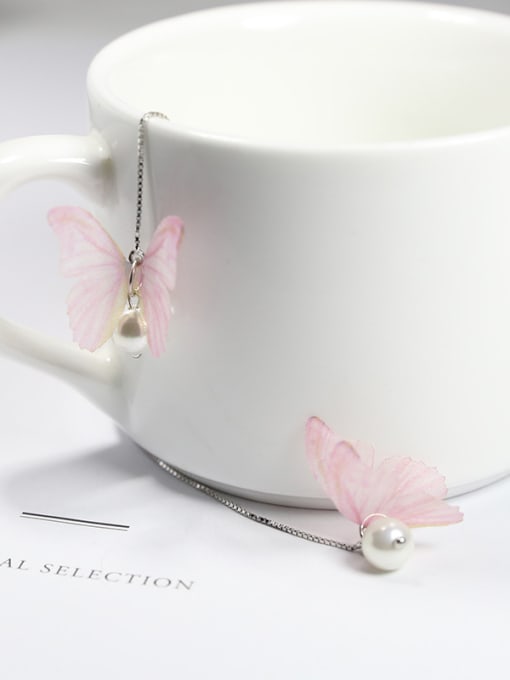 Pink Elegant White Artificial Pearl Butterfly 925 Silver Line Earrings