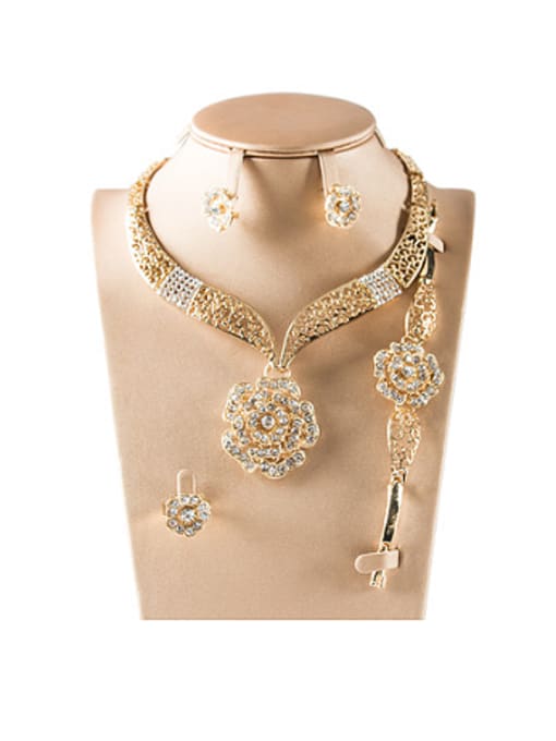 Gold 18K Flower Rhinestones Four Pieces Jewelry Set