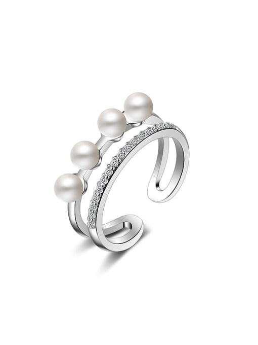White Gold Fashion Two-band Imitation Pearls Opening Ring