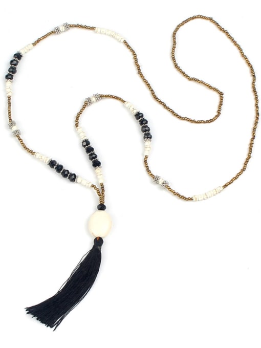 HN1880-A Stones Crystal Fashion Tassel Long Necklace