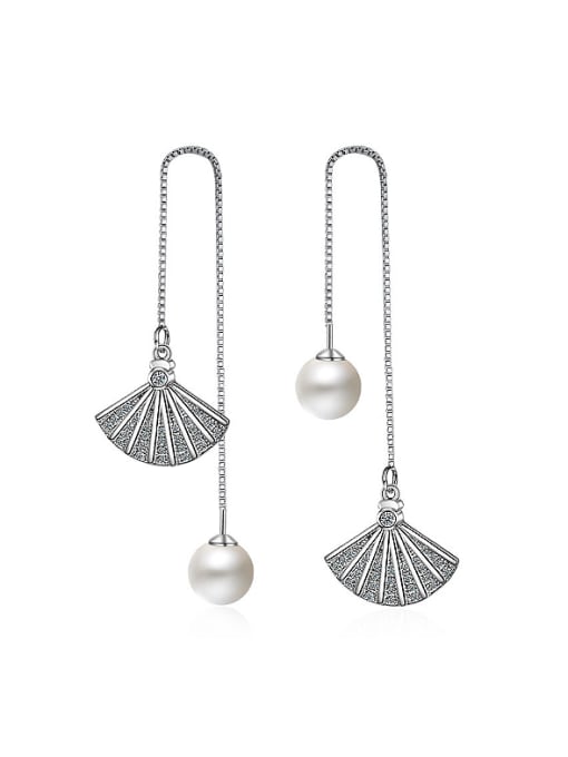 AI Fei Er Shiny Fan shaped Imitation Pearl Line Earrings 0