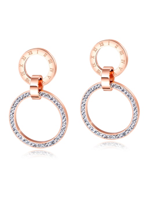 rose gold Stainless Steel With Rose Gold Plated Delicate Round with Rome number Stud Earrings