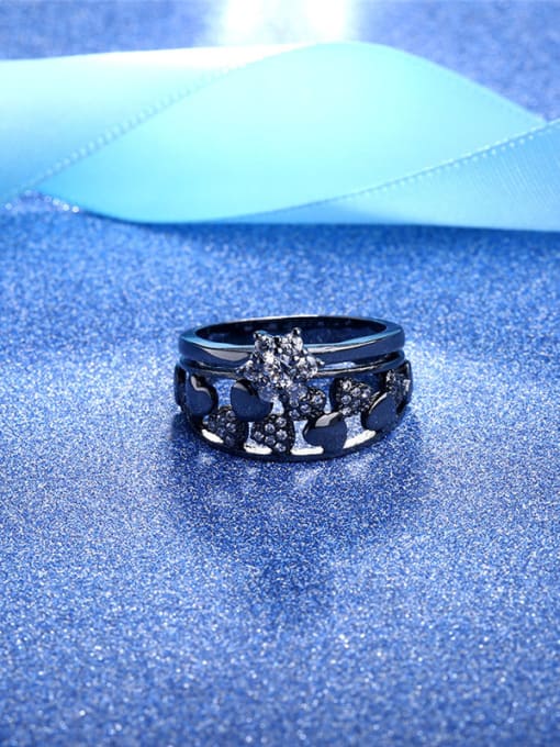 Black Luxury  Black Gun Plated Heart Shaped Glass Bead Ring