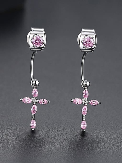 Pink-T02B14 Copper With Platinum Plated Delicate Cross Stud Earrings