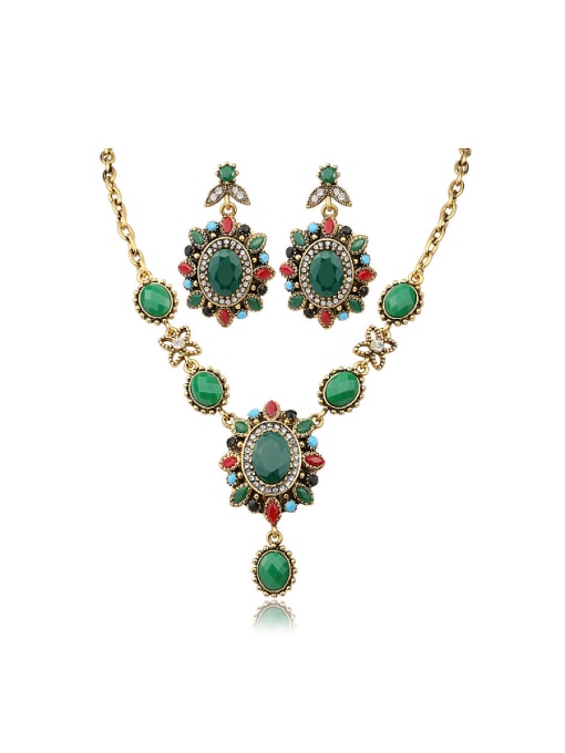 Gujin Ethnic style Oval Green Resin stones Alloy Two Pieces Jewelry Set 0