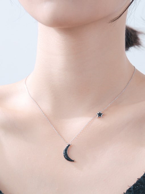 Rosh Sterling Silver unique black Rhinestone star and Moon Necklace 1