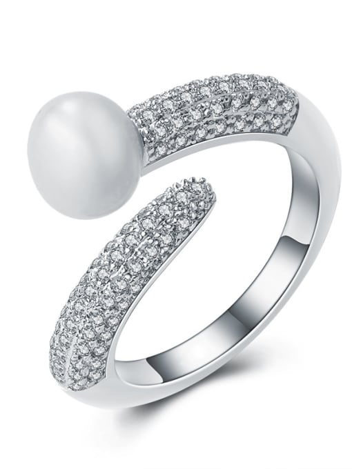 White Gold Simple atmosphere micro impregnated AAA zircon Pearl Ring