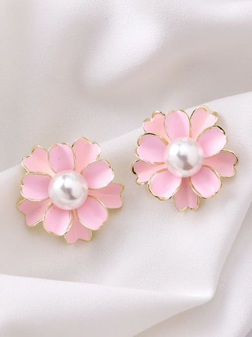 A Pink Alloy With Imitation Gold Plated Simplistic Flower Stud Earrings