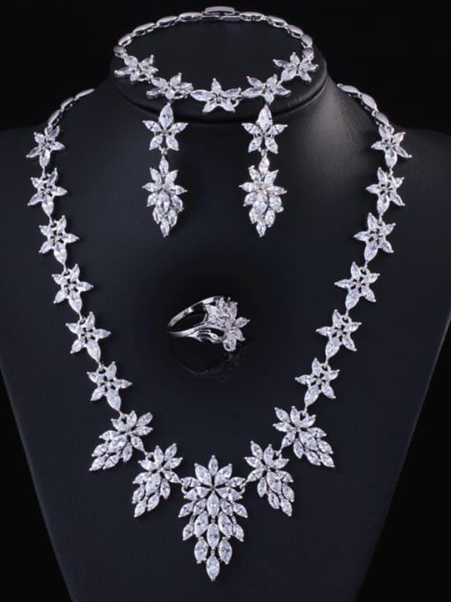 Platinum (Ring 6 Yards) Elegant  Leaf-shape Four Pieces Jewelry Set