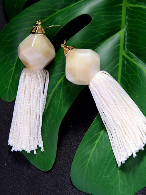 Rice White -3 Long Tassel Simple Style Retro Irregular Stones Drop Earrings