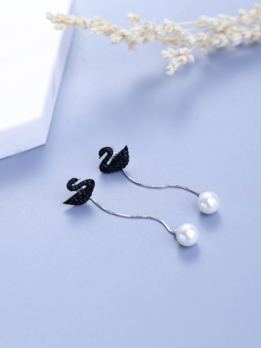 One Silver Fashion Black Zirconias Swan Shell Pearl 925 Silver Stud Earrings 0