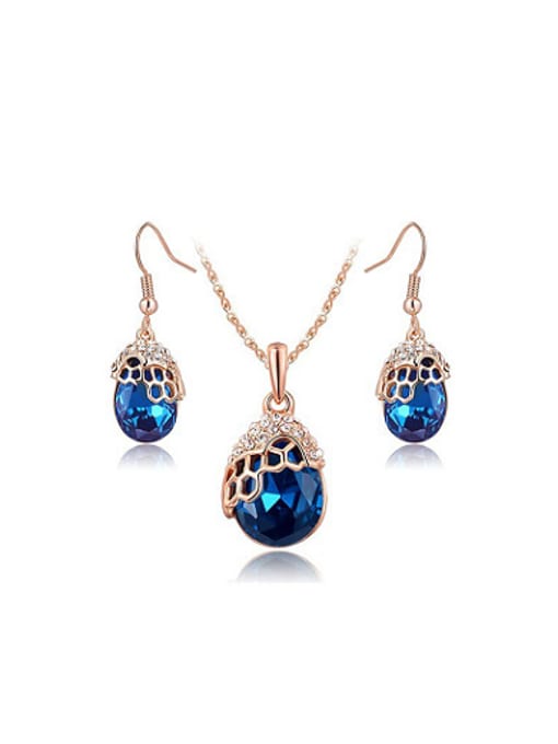 Rose Gold Luxury Blue Water Drop Shaped Austria Crystal Two Pieces Jewelry Set