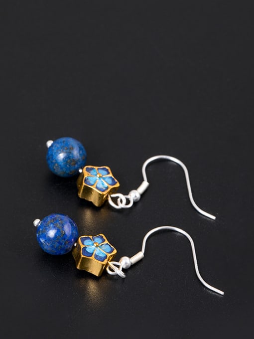 SILVER MI Ethnic style Blue Stone Bead Enamel Flower 925 Silver Earrings 2