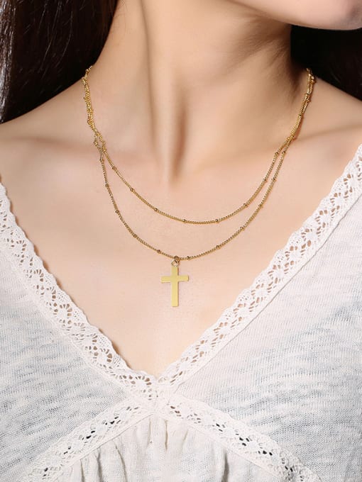 CONG Stainless Steel With Gold Plated Simplistic Smooth Cross Multi Strand Necklaces 1