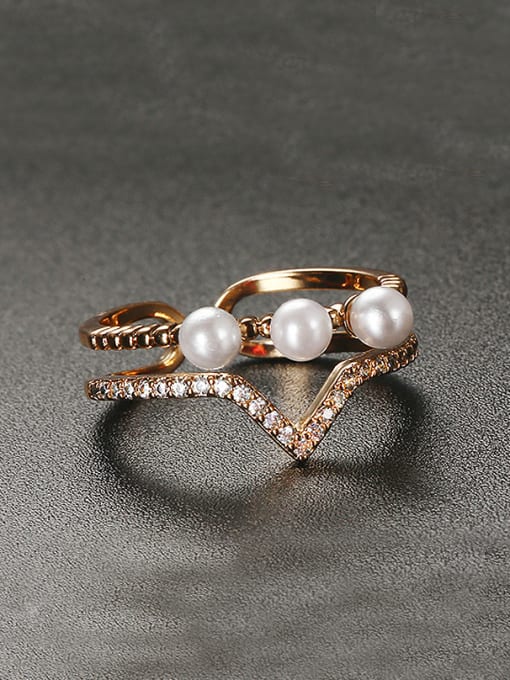 XP Copper Alloy 18K Gold Plated Fashion Crown-shaped Artificial Pearl Zircon Opening Ring 0