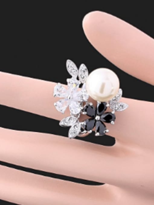 Wei Jia Fashion Zircon-studded Flowers Artificial Pearl Copper Ring 1