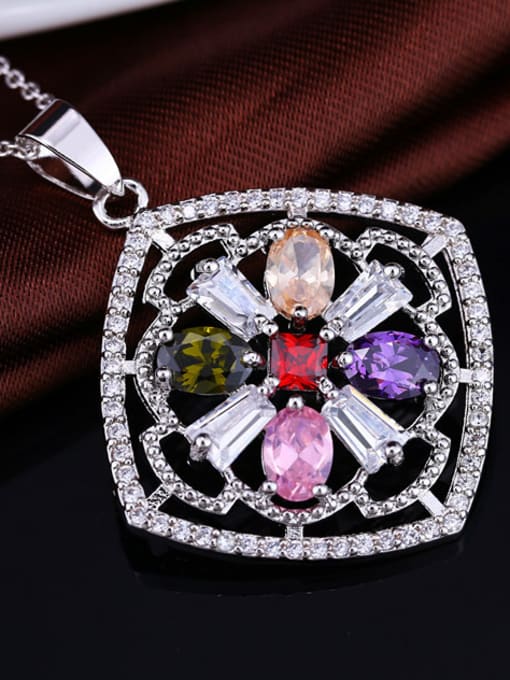 white gold white cz with chain Flower Square Pendant Copper Necklace