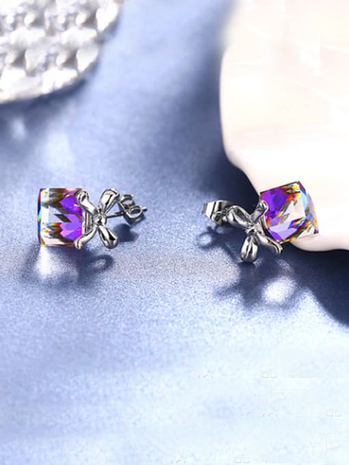 Platinum Charming Purple Glass Stone Stud Earrings