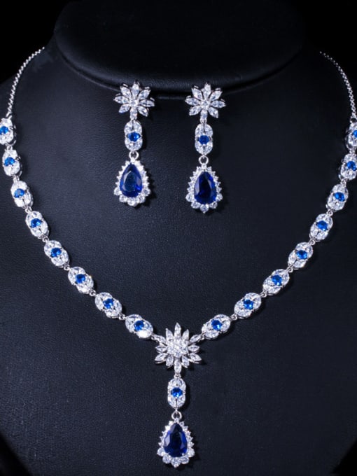 blue Copper With Cubic Zirconia Luxury Water Drop 2 Piece Jewelry Set