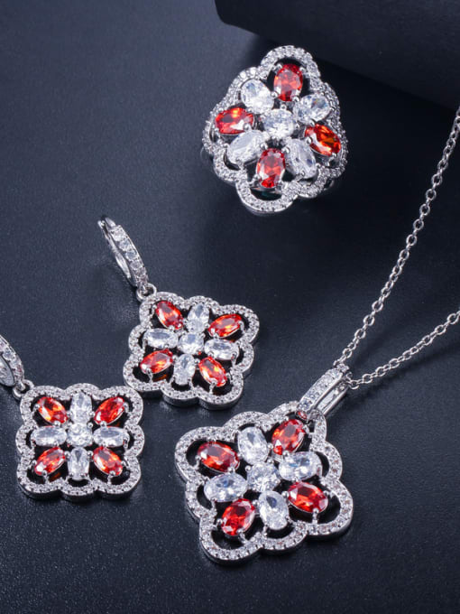 Red Ring 9 Yards. Copper inlaid AAA zircon colored earrings necklace ring 3 pieces jewelry set