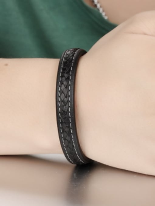 Open Sky Simple Black Artificial Leather Titanium Bracelet 1