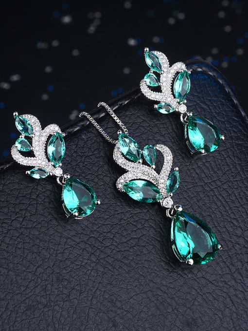green Earring+ Necklace Copper With  Glass stone Trendy Water Drop 2 Piece Jewelry Set