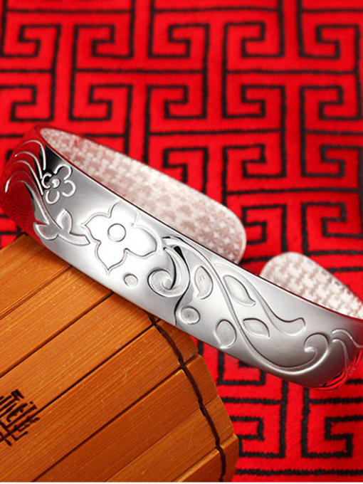 JIUQIAN Simple 999 Silver Flowery Patterns-etched Opening Bangle 1