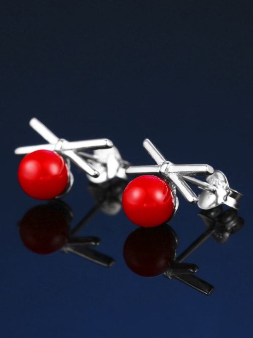 ZK Personalized Tiny Bowknot Red Bead 925 Sterling Silver Stud Earrings 0
