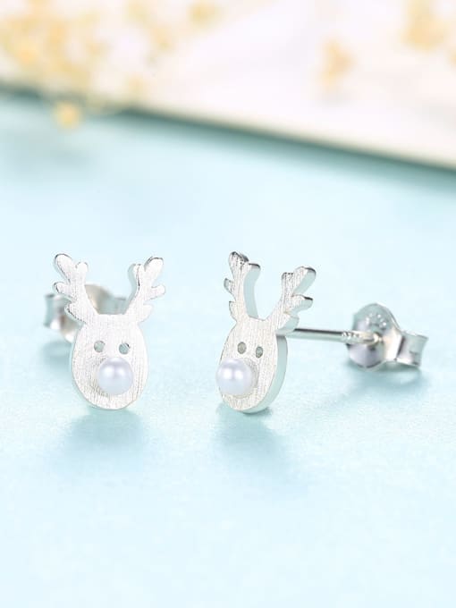 Platinum -17E12 925 Sterling Silver With Artificial Pearl Simplistic Cartoon Antlers Stud Earrings