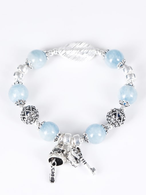 SILVER MI Retro style Natural Blue Beads 925 Silver Bracelet 3