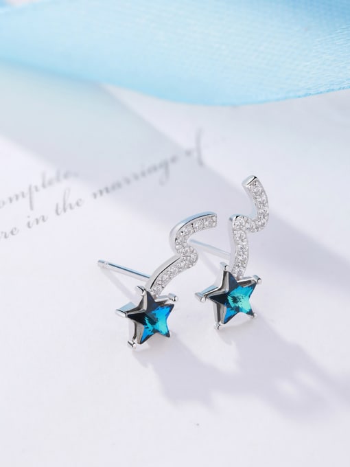 One Silver Fashion Blue Crystal Star Cubic White Zirconias 925 Silver Stud Earrings 1