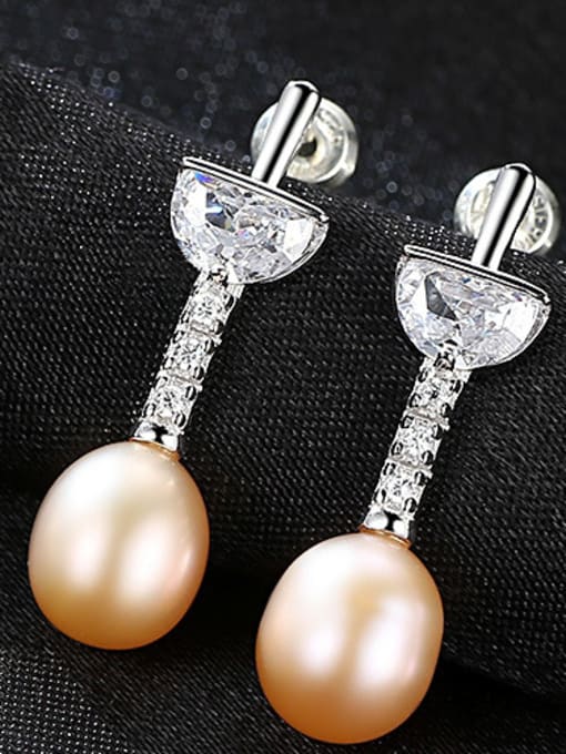 pink Sterling Silver with 3A zircon 7-8mm Natural Freshwater Pearl Earrings