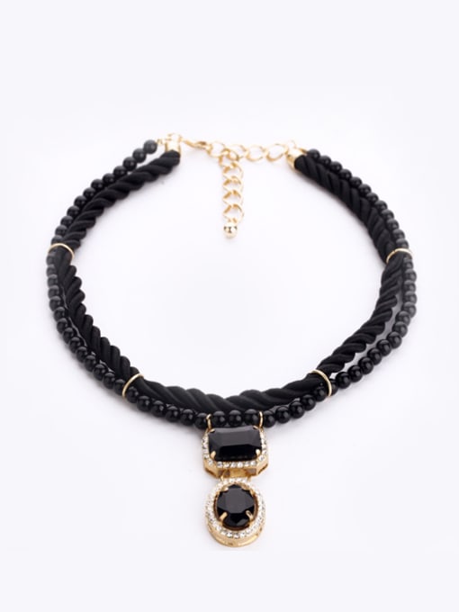 Black Alloy Woven Rope Artificial Pearls Sweater Necklace