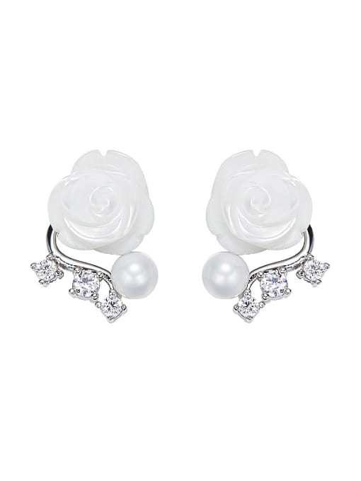 CEIDAI Elegant Shell White Flower Artificial Pearl Zirconias Copper Stud Earrings 0