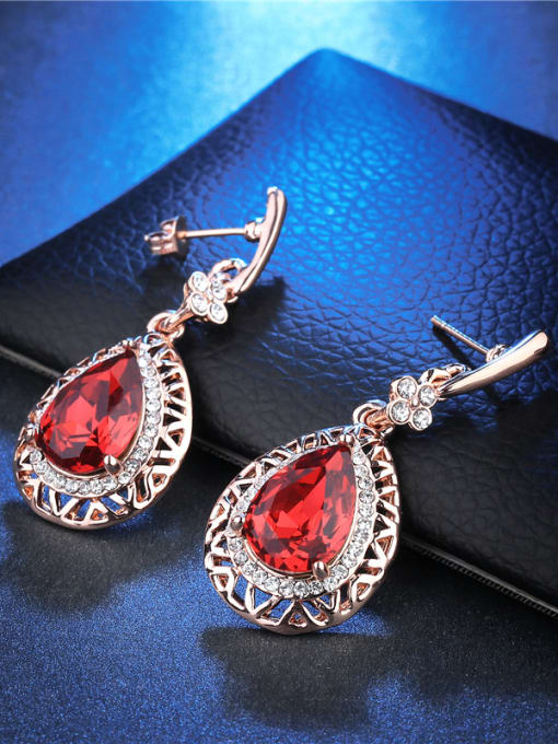 Rose Gold Women Red Water Drop Glass Stone Drop Earrings