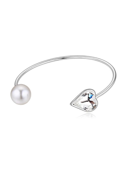 White Simple Heart austrian Crystal Imitation Pearl Opening Bangle