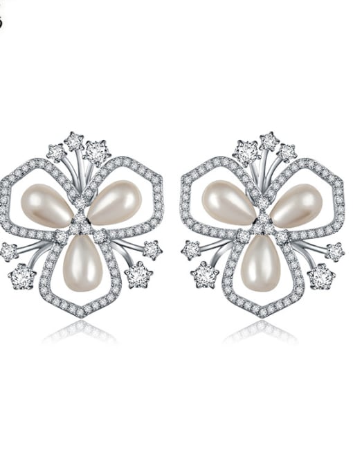 BLING SU Copper With Platinum Plated Classic Flower Wedding Stud Earrings 0