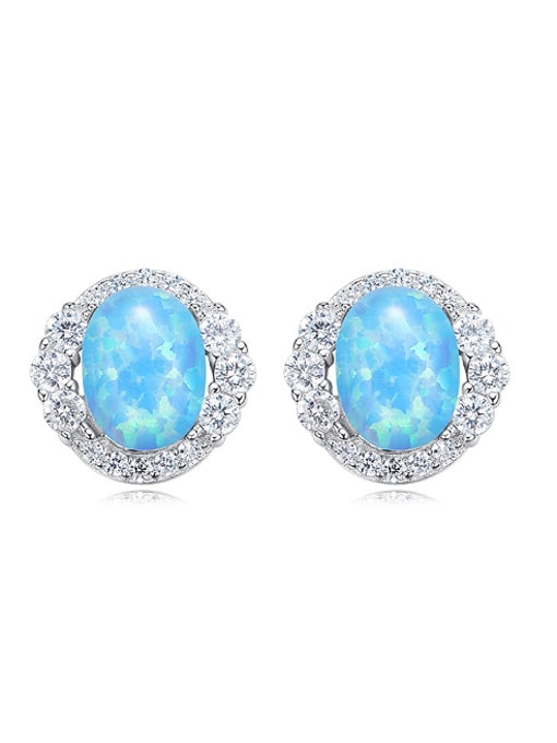 Blue Tiny Oval Opal stone Zirconias 925 Silver Stud Earrings