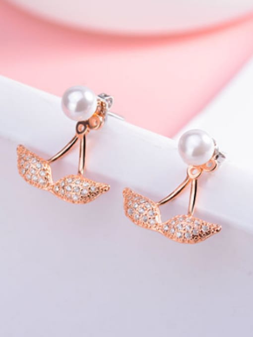 AI Fei Er Fashion Little Zirconias Leaves Imitation Pearl Stud Earrings 2