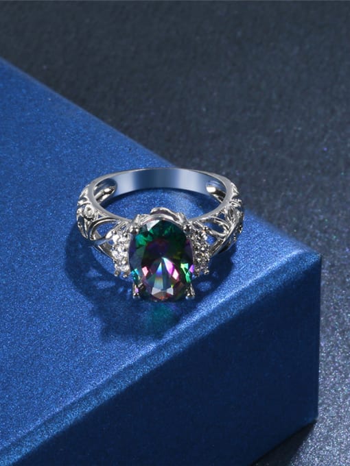 Platinum Colorful Oval Shaped Glass Bead Ring