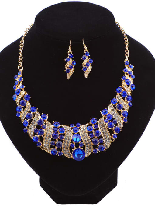 Blue Exaggerated Cubic Crystals White Rhinestones Alloy Two Pieces Jewelry Set