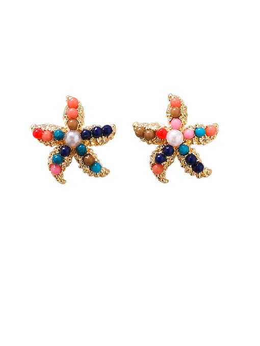 A Blue Color (Small) Alloy With  Artificial Pearl  Bohemia Colorful Sea Star Round Stud Earrings