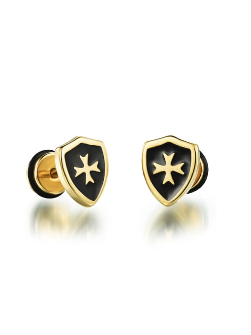 Gold Tiny Shield Cross Titanium Stud Earrings