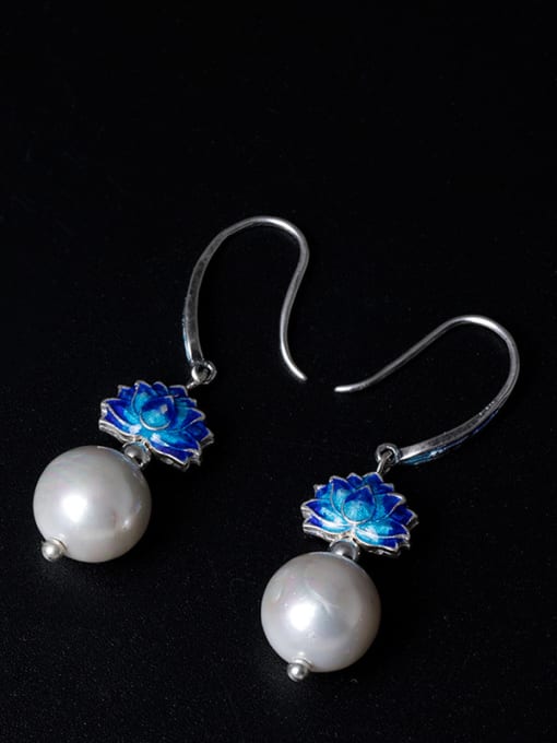 SILVER MI Ethnic style Shell Pearl Blue Lotus Flower 925 Silver Earrings 2