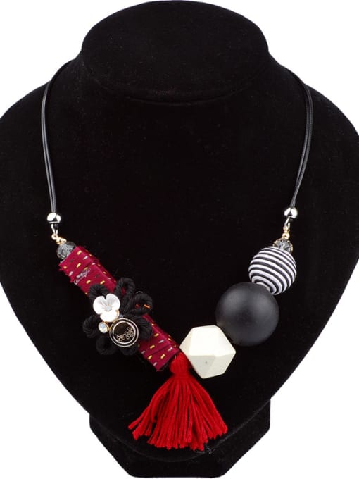 red Ethnic style Handmade Cloth Flower Wood Decorations Tassels Necklace