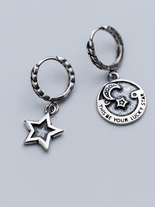 Rosh 925 Sterling Silver With Antique Silver Plated Asymmetry Black Pentagram Moon Clip On Earrings 2